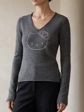 Hello Kitty by Victoria Couture 100% Cashmere Rhinestone V-Neck Sweater Heather